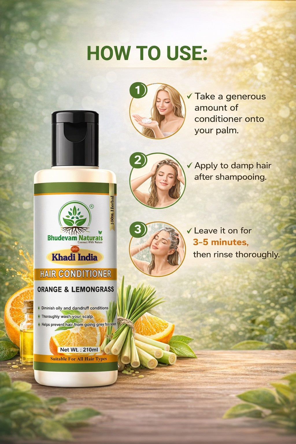 Bhudevam Natuals Khadi Orange & Lemongrass Conditioner For Frizz Control & Hydrating Hair Care Formula- 420ML (Pack of 2)