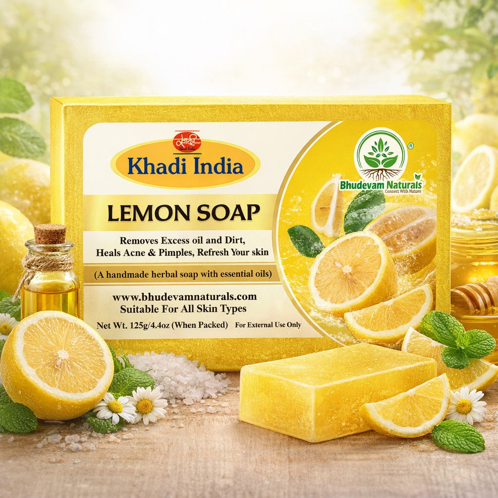Bhudevam Naturals Khadi 100% Natural Lemon Bath Soap – Skin Brightening & Oil Control Soap, Herbal Formula, Safe for Daily Use- 500GM (Pack of 4)