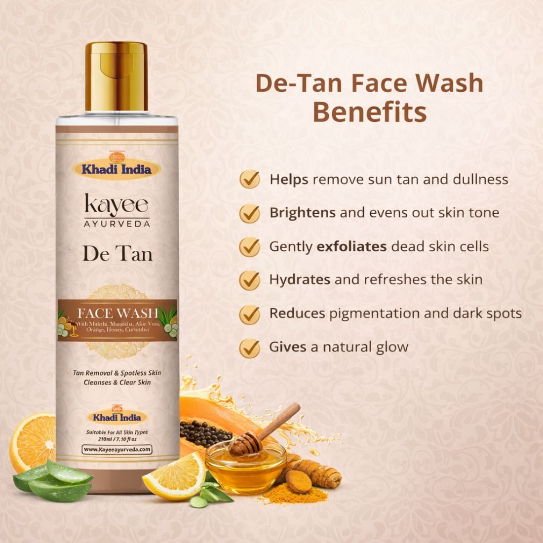 Kayee Ayurveda De-Tan Face Wash for Face Brightening | Daily Facial Cleanser for Tan, Dullness & Uneven-Looking Skin | Helps Remove Everyday Impurities, Excess Oil & Dead Skin for a Fresh & Clean Appearance | 210 ml