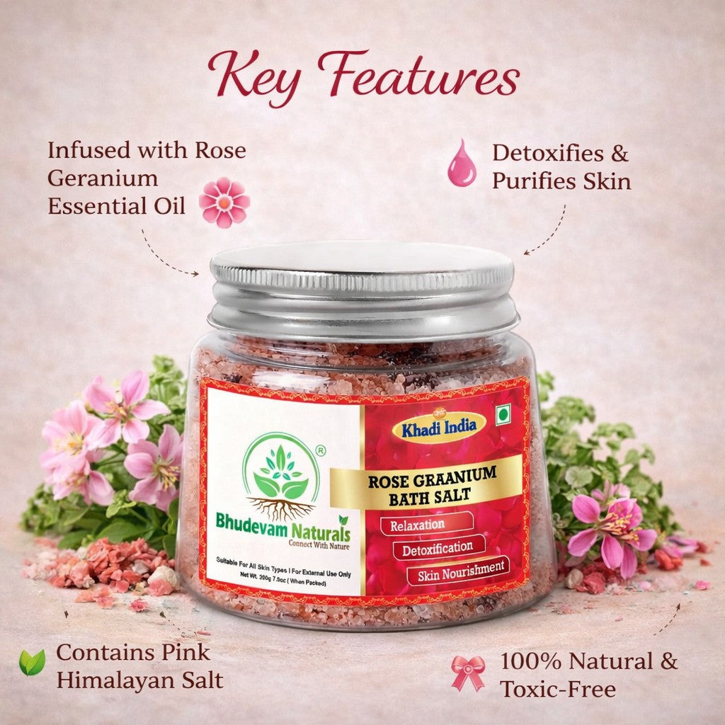 Bhudevam Naturals Khadi Rose Geranium Bath Salts for Relaxation – Natural Aromatherapy Soaking Salts with Essential Oils for Stress Relief & Skin Care- 200GM