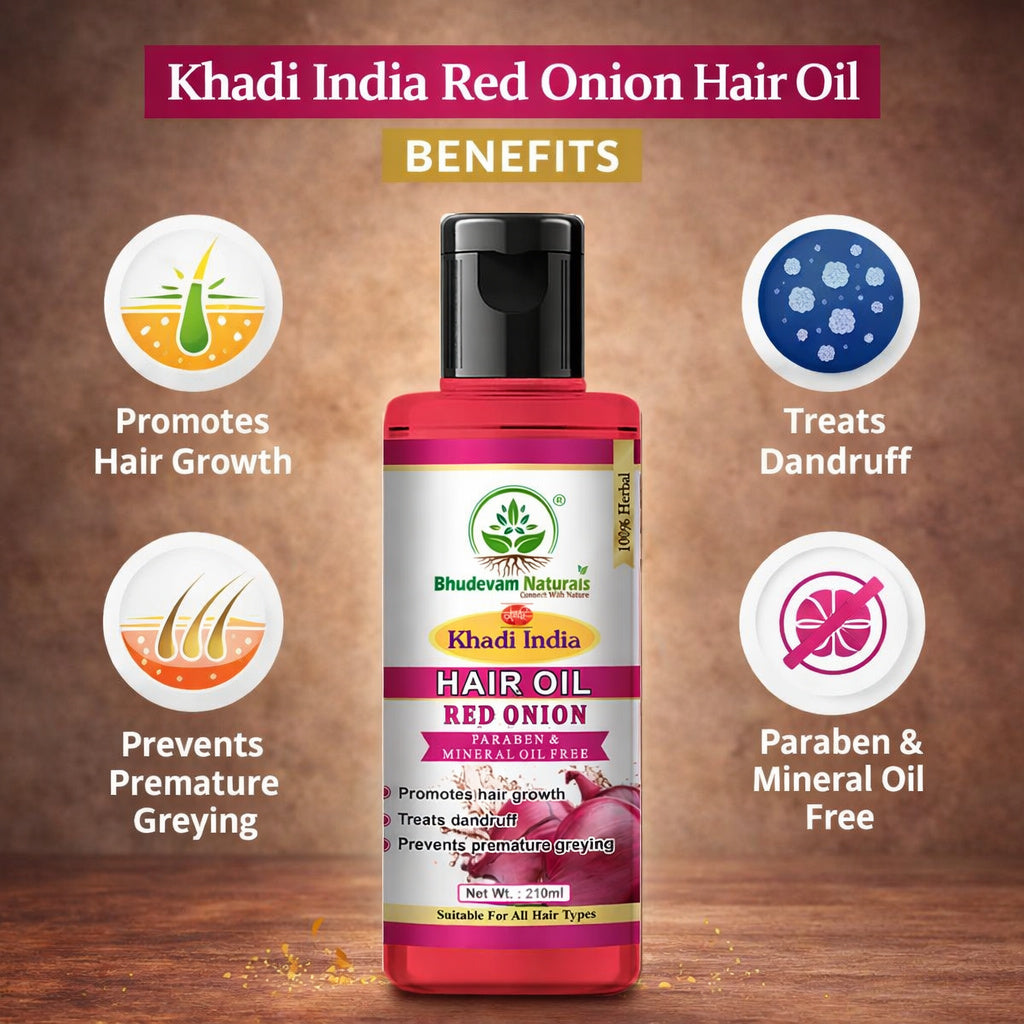 Bhudevam Naturals Khadi Red Onion Hair Oil for Nourished Scalp & Healthy Hair- 210ML