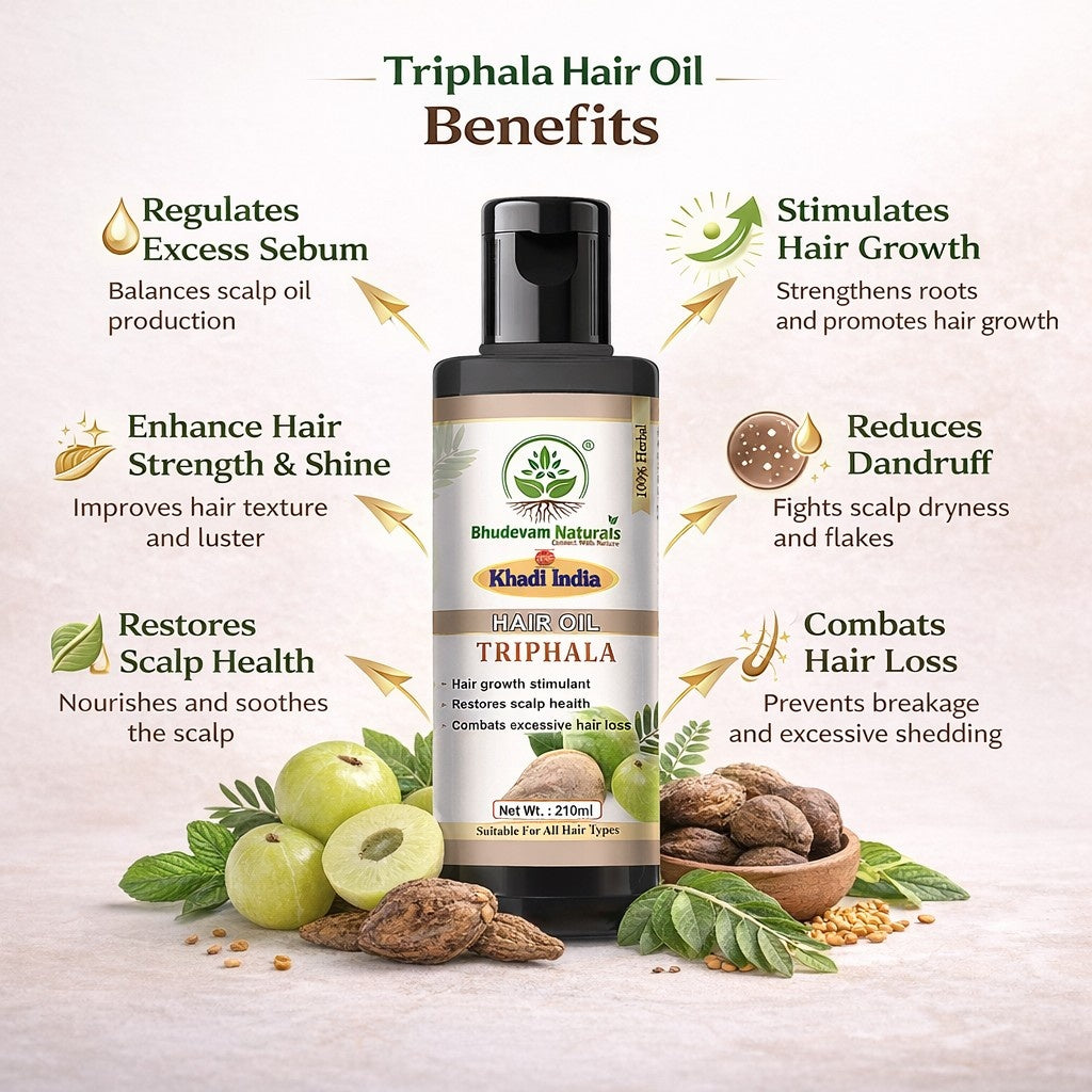 Bhudevam Naturals Khadi Triphla Hair Oil – Improves Hair Strength, Shine & Texture-210ML