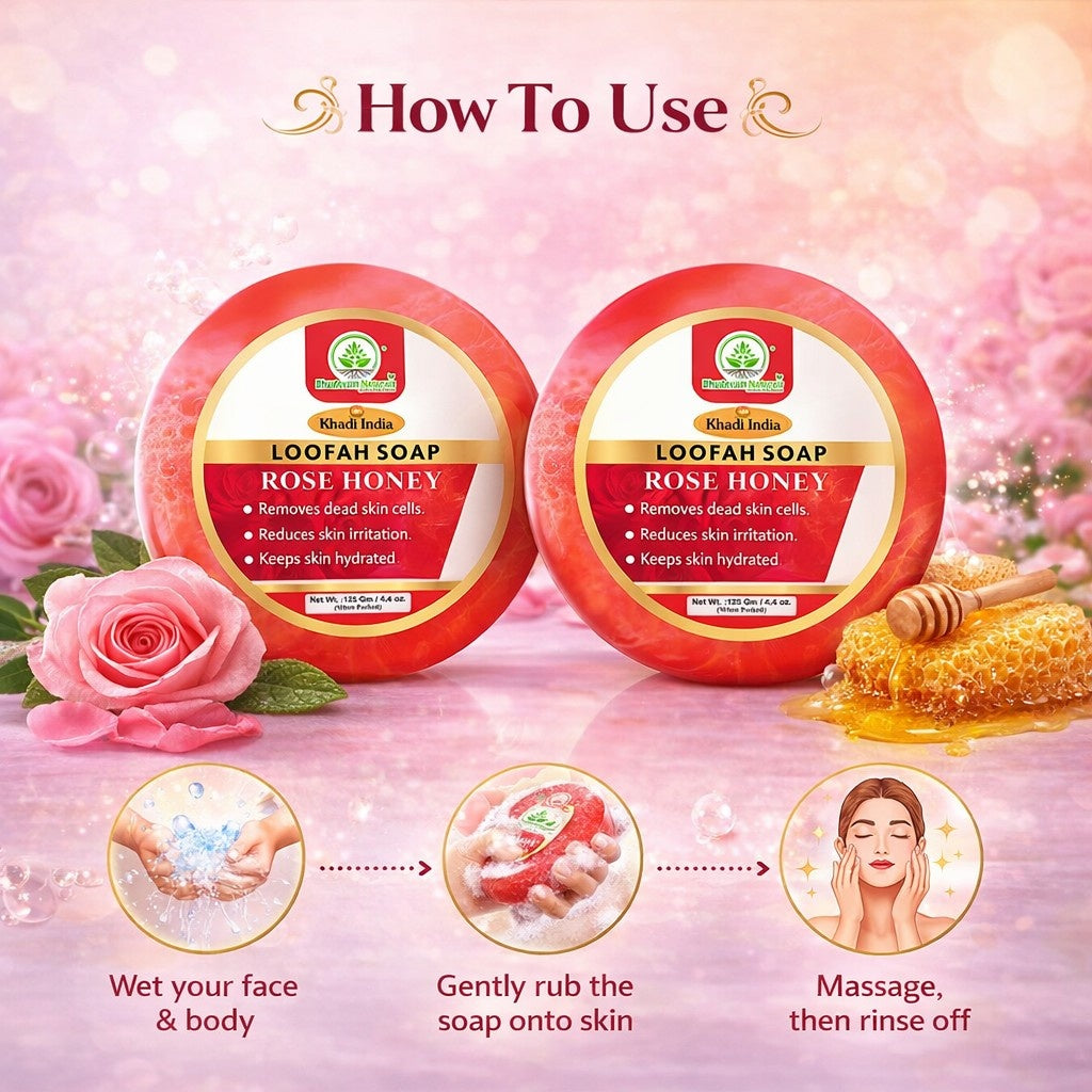 Bhudevam Natuals Khadi Rose Honey Loofah Soap – Natural Exfoliating Bath Soap for Soft & Glowing Skin- 250GM (Pack of 2)