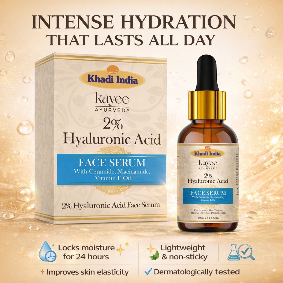 Kayee Ayurveda 2% Hyaluronic Acid Serum for Face, Intense Hydration & Moisturization, Lightweight Facial Serum for Dry, Dull & Dehydrated Skin, Daily Skincare for Women & Men | 30 ml