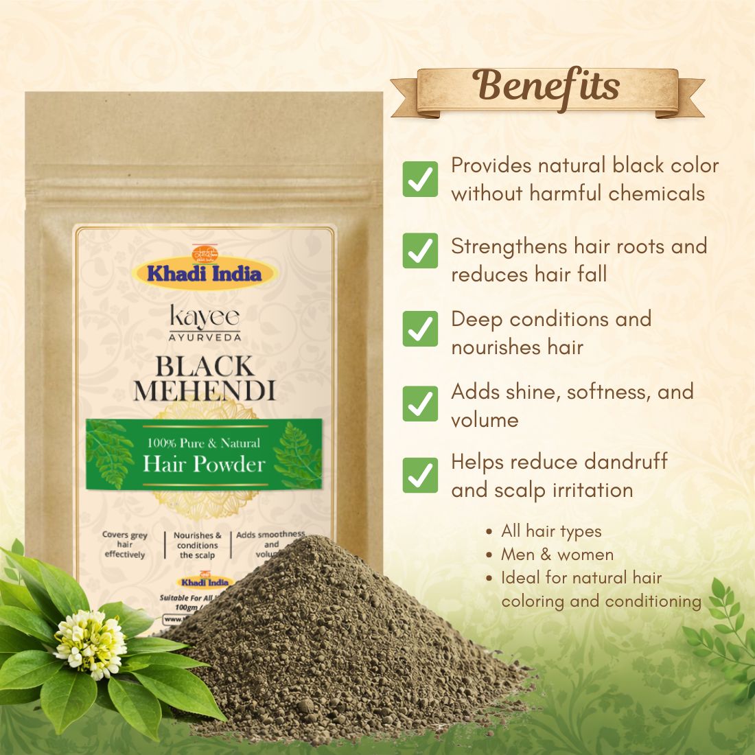 Kayee Ayurveda Black Mehendi Hair Powder, Herbal Hair Colour Powder for Black & Dark Brown-Looking Hair, Helps Cover the Appearance of Grey Hair, Traditional Mehendi Hair Care for Women & Men | 100 g