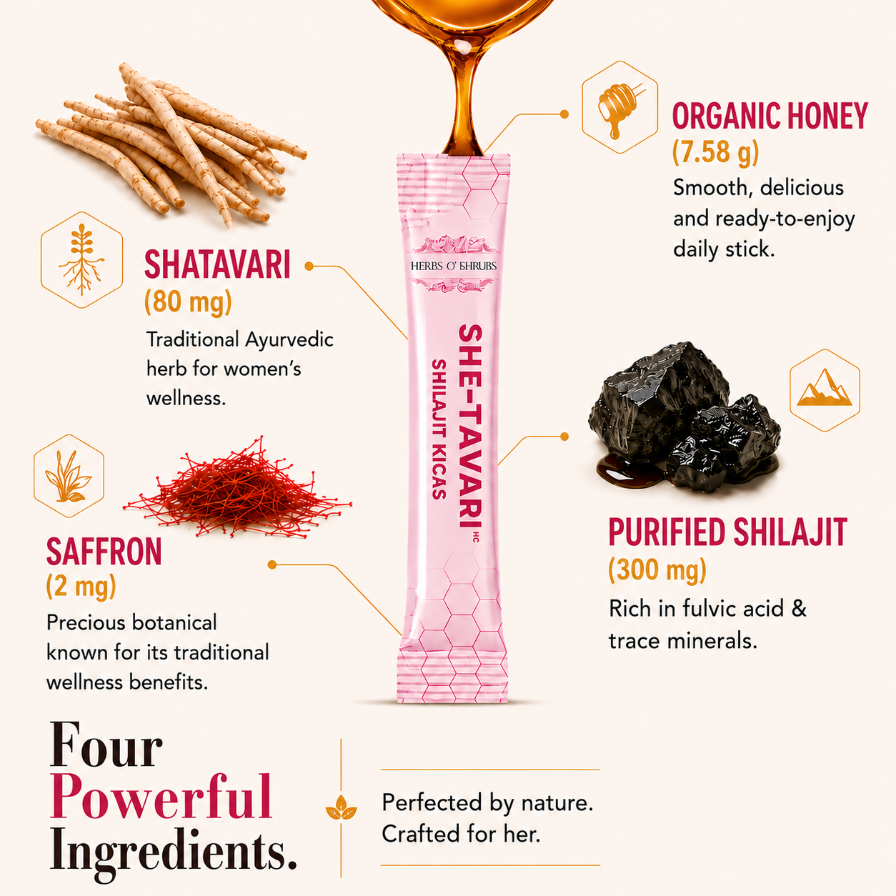 Herbs O' Shrubs She-Tavari Shilajit Kicks | Ayurvedic Women Wellness Supplement with Shatavari, Shilajit, Saffron, Honey & Strawberry | Supports Hormonal Balance, Energy, Mood & Vitality, 30 Sticks