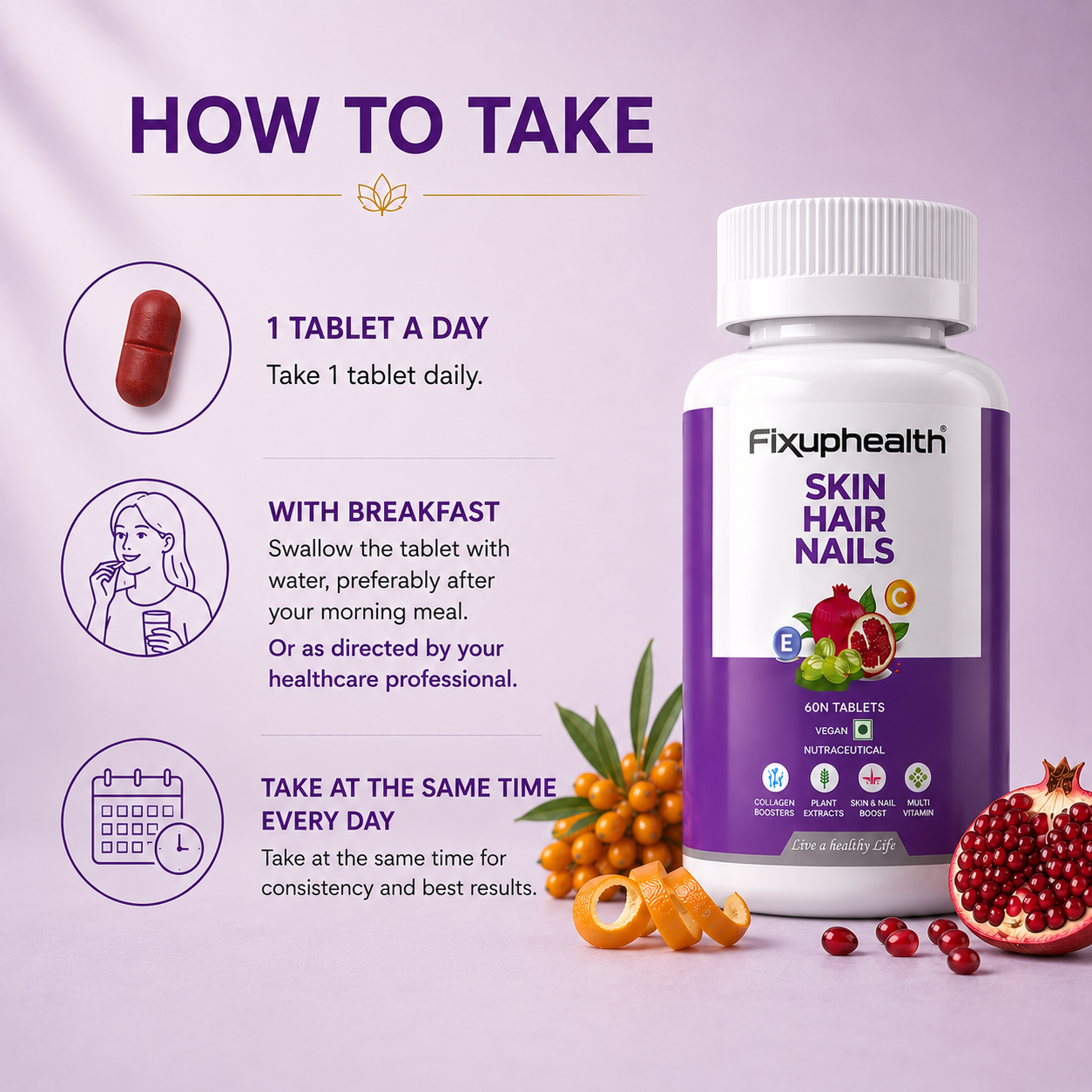 Fixuphealth Hair Skin Nails Supplement | Biotin Tablets for Hair Growth with Glutathione, Vitamin B12 & Pomegranate Extract | Hair Vitamins for Men & Women | Healthy Hair, Skin & Nails | 60 Tablets