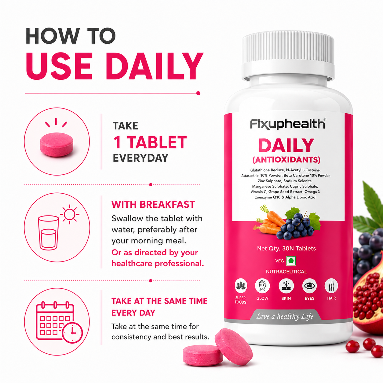 Fixuphealth Daily Antioxidants Coenzyme Q10 & Glutathione Supplement | NAC, Astaxanthin, Alpha Lipoic Acid, Grape Extract, Zinc & Selenium | Skin Brightening, Hair, Eye & Immunity Support | 30 Tablet