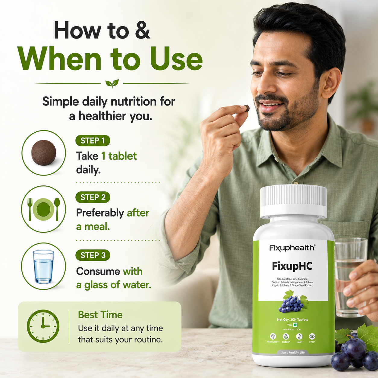 Fixuphealth FixupHC Beta Carotene & Grape Seed Extract Supplement | Antioxidant Tablets for Skin Glow, Hair Strength & Eye Health | Zinc & Selenium Support | Men & Women | 30 Tablets