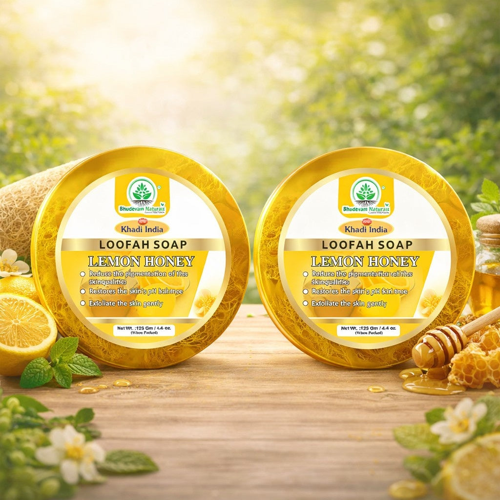 Bhudevam Naturals Khadi Lemon & Honey Loofah Soap – Deep Cleansing Scrub Soap for Smooth & Fresh Skin- 250GM (Pack of 2)