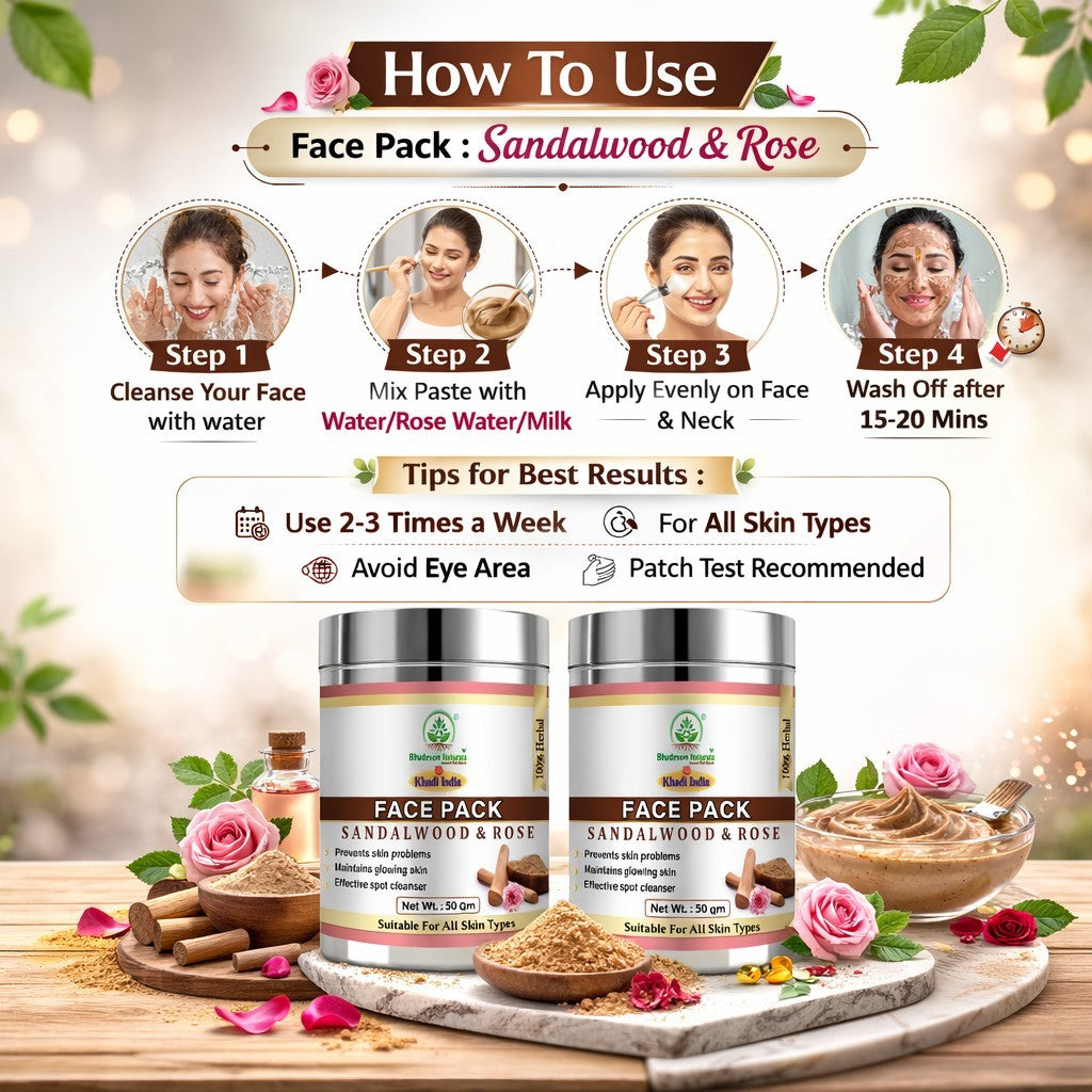 Bhudevam Naturals Khadi Rose Sandalwood Face Pack For for Skin Brightening, Cooling & Deep Cleansing- 100GM (Pack of 2)