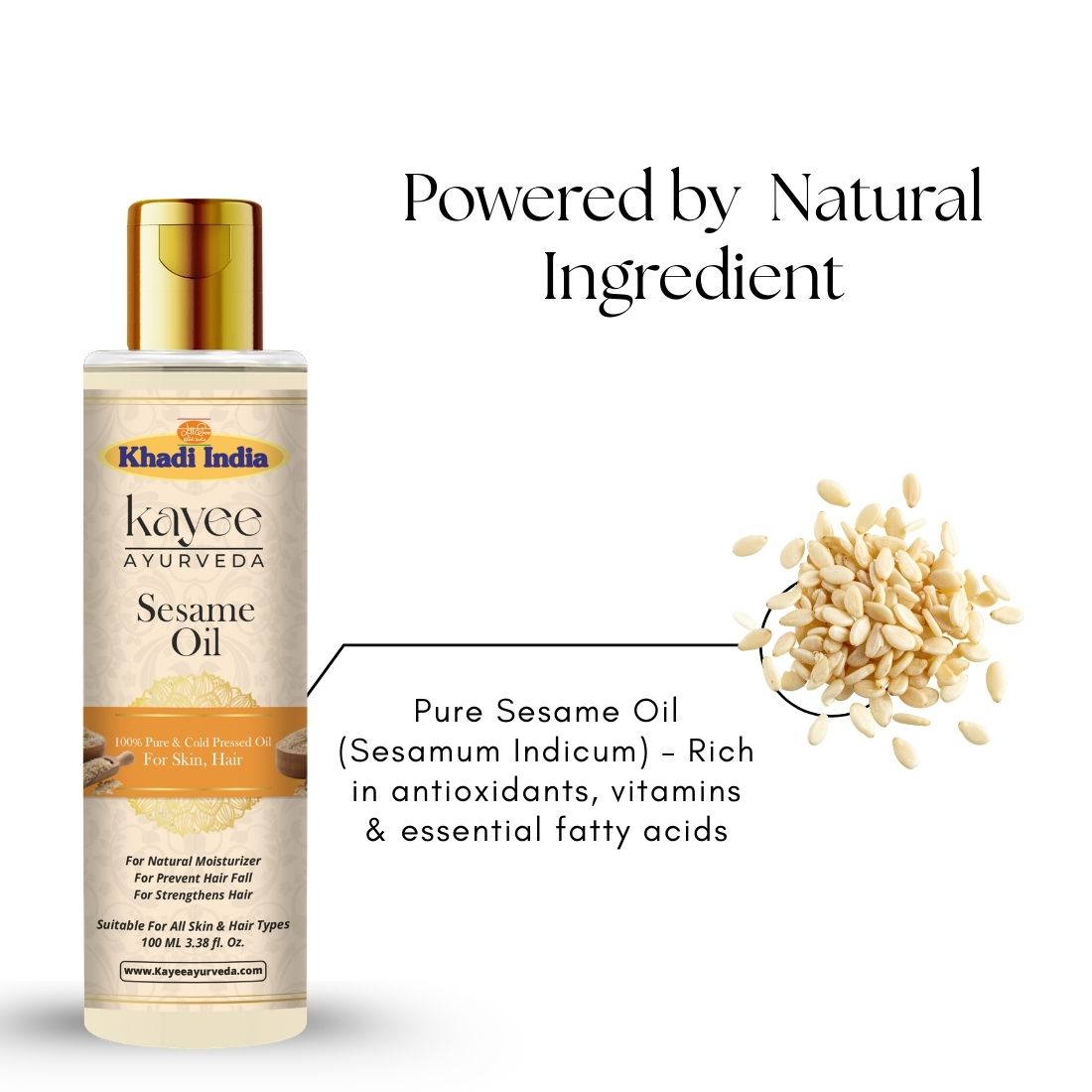 Kayee Ayurveda Sesame Oil for Hair & Skin | Natural Sesame Oil for Scalp & Hair Nourishment, Dry Skin Moisturization, Hair Conditioning, Softness, Smoothness & Healthy-Looking Natural Shine | 100 ml