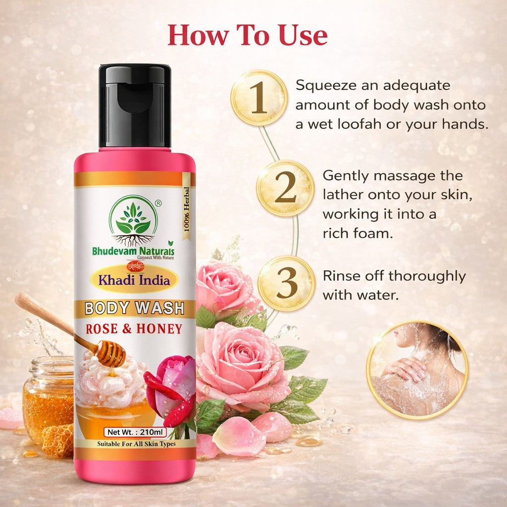 Bhudevam Naturals Khadi Rose & Honey Body Wash, Moisturizing & Nourishing Shower Gel for Soft Glowing Skin-210ML