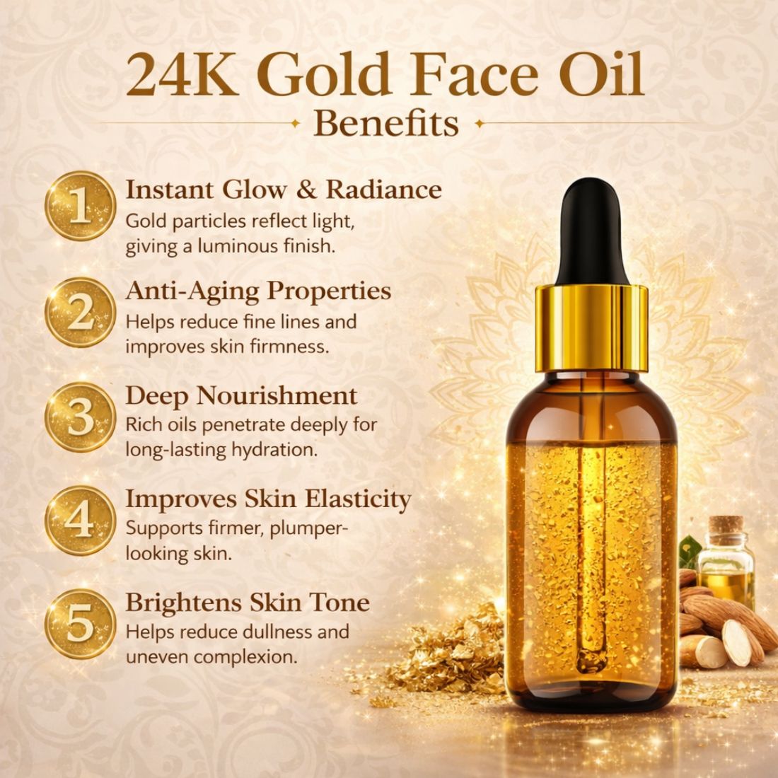 Kayee Ayurveda 24K Gold Night Facial Oil, Luxury-Inspired Overnight Skincare Oil for Face, Helps Moisturize Skin and Improve the Appearance of Dullness & Uneven Tone, Daily Night Care for Women & Men | 15 ml