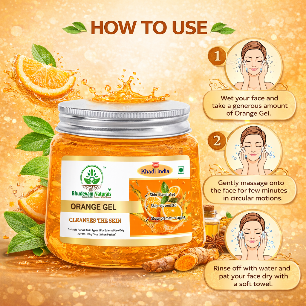Bhudevam Naturals Khadi Orange Aloe Vera Gel for Face & Hair – Vitamin C Brightening & Hydrating Skin Care | Natural Glow Moisturizer- 200GM