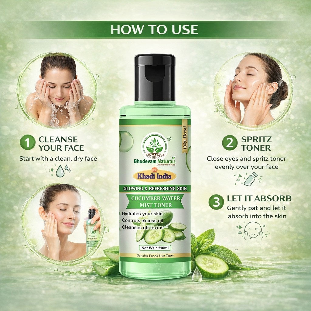 Bhudevam Naturals Khadi Pure Cucumber Water Mist Toner for Face | Hydrating Face Toner Spray for Refreshing Skin, Pore Care & Cooling Effect- 420ML (Pack of 2)