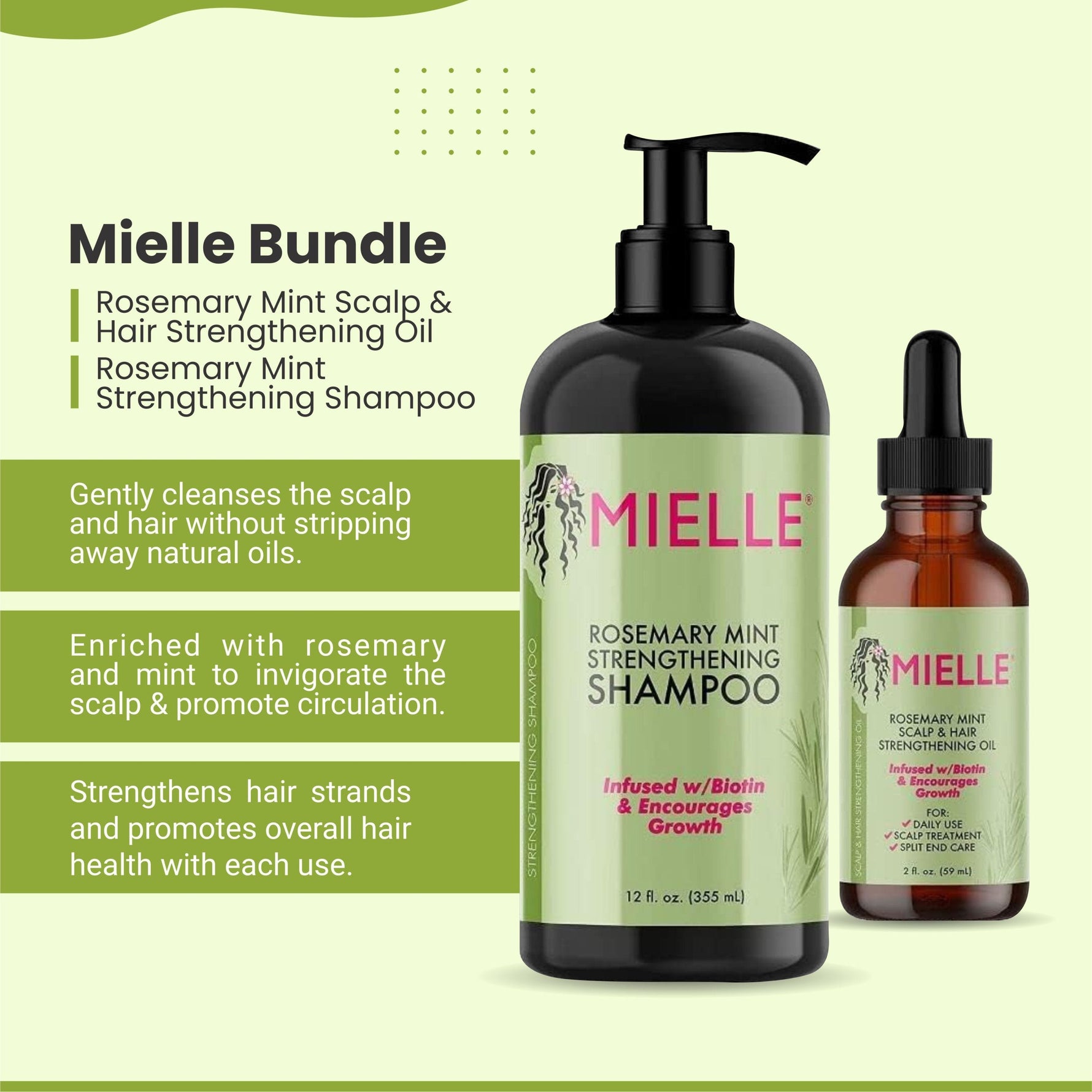 Mielle Bundle Rosemary Mint Scalp & Hair Strengthening Oil 59 ML & Rosemary Mint Strengthening Shampoo 355 ML
