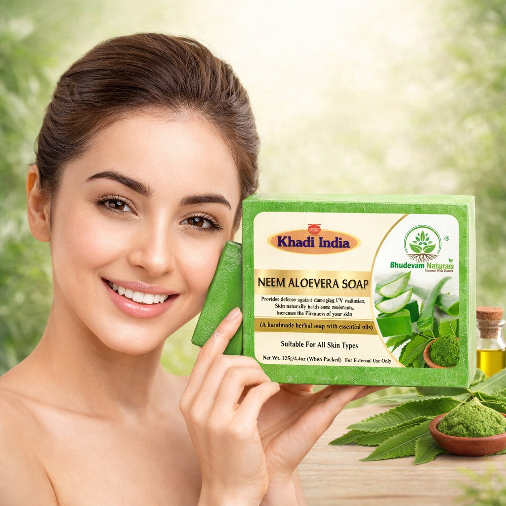 Bhudevam Naturals Khadi Handmade Neem Aloe Vera Soap – Anti-Acne & Skin Soothing Bath Soap- 500GM (Pack of 4)