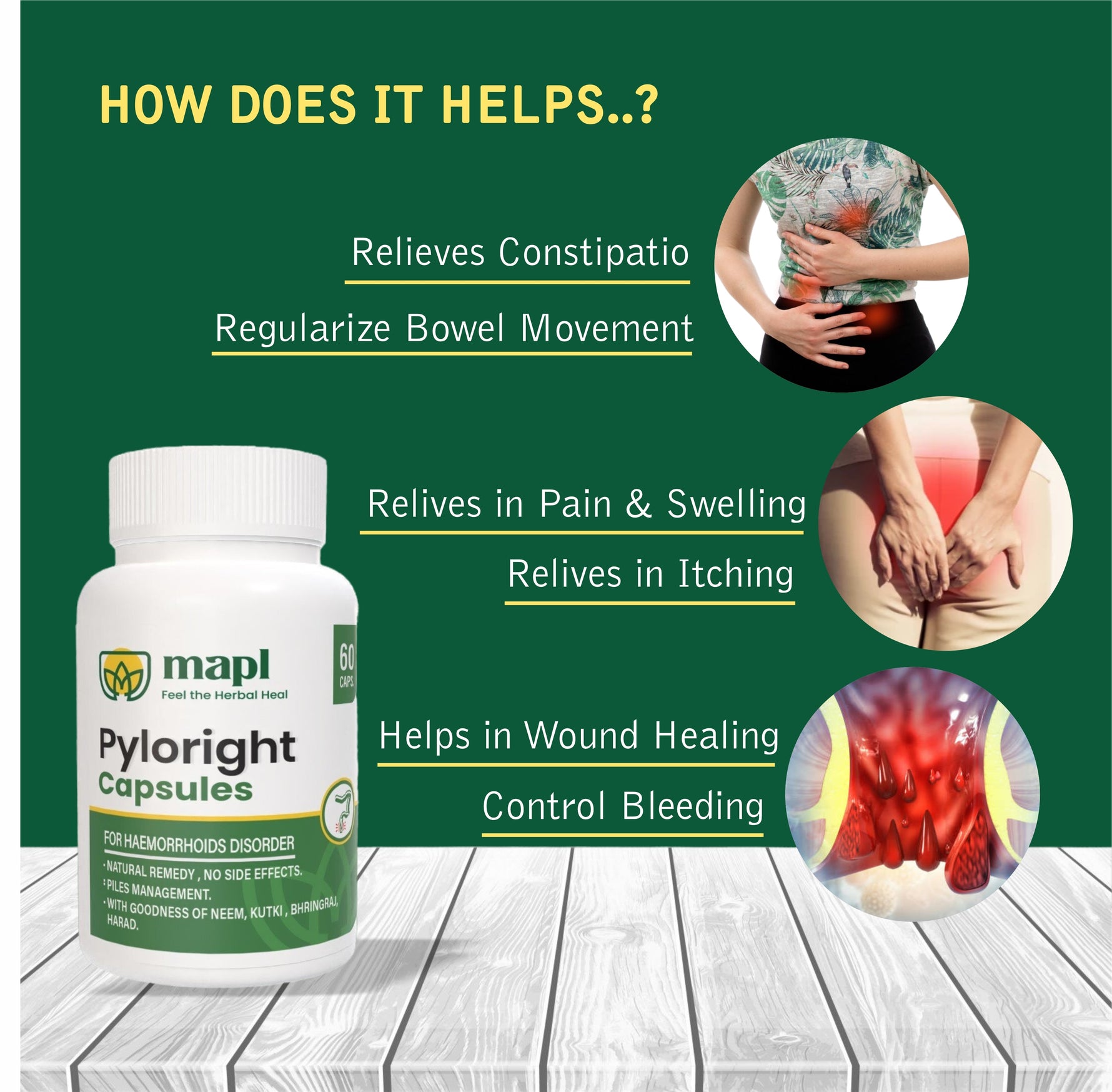 MAPL Pyloright Capsules | Ayurvedic Supplement for Piles & Digestive Health | Relieves Constipation, Pain, Swelling & Supports Wound Healing | 60 Capsules