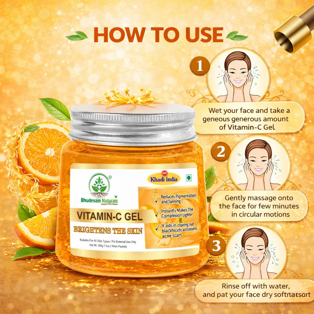 Bhudevam Naturals Khadi Vitamin C Gel for Glowing Skin – Brightens, Hydrates & Reduces Dullness- 200GM