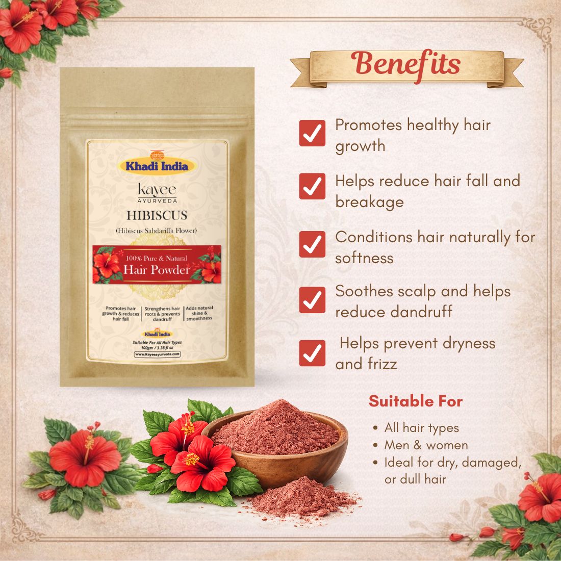 Kayee Ayurveda Hibiscus Hair Care Powder, Herbal Hibiscus Powder for Hair Nourishment & Conditioning, Helps Maintain Smooth, Soft, Manageable & Healthy-Looking Hair, Traditional Herbal Hair Care | 100 g
