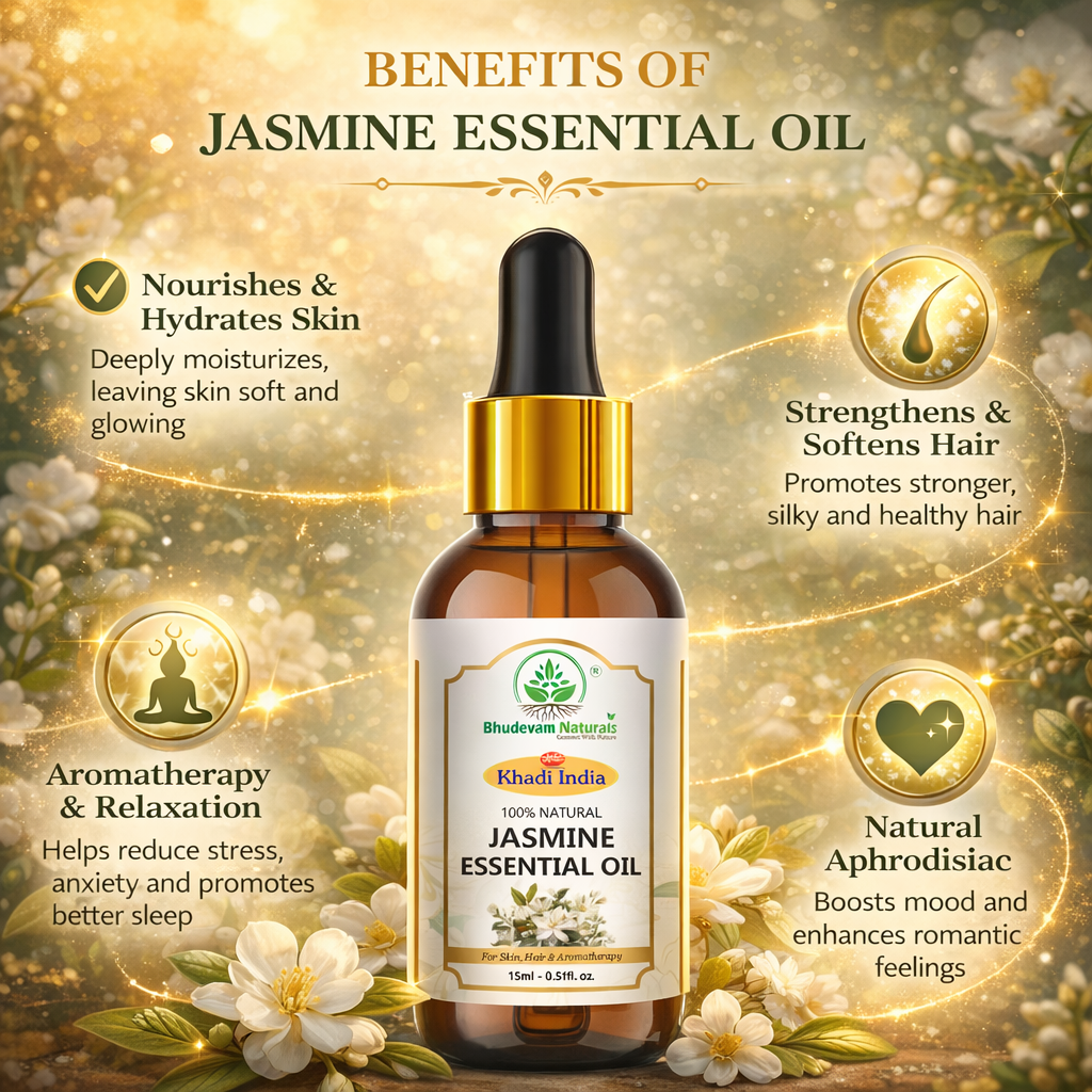 Bhudevam Naturals Khadi Jasmine Essential Oil for Aromatherapy, Skin Care, Hair Care, Stress Relief, Diffuser & Massage - 15ml
