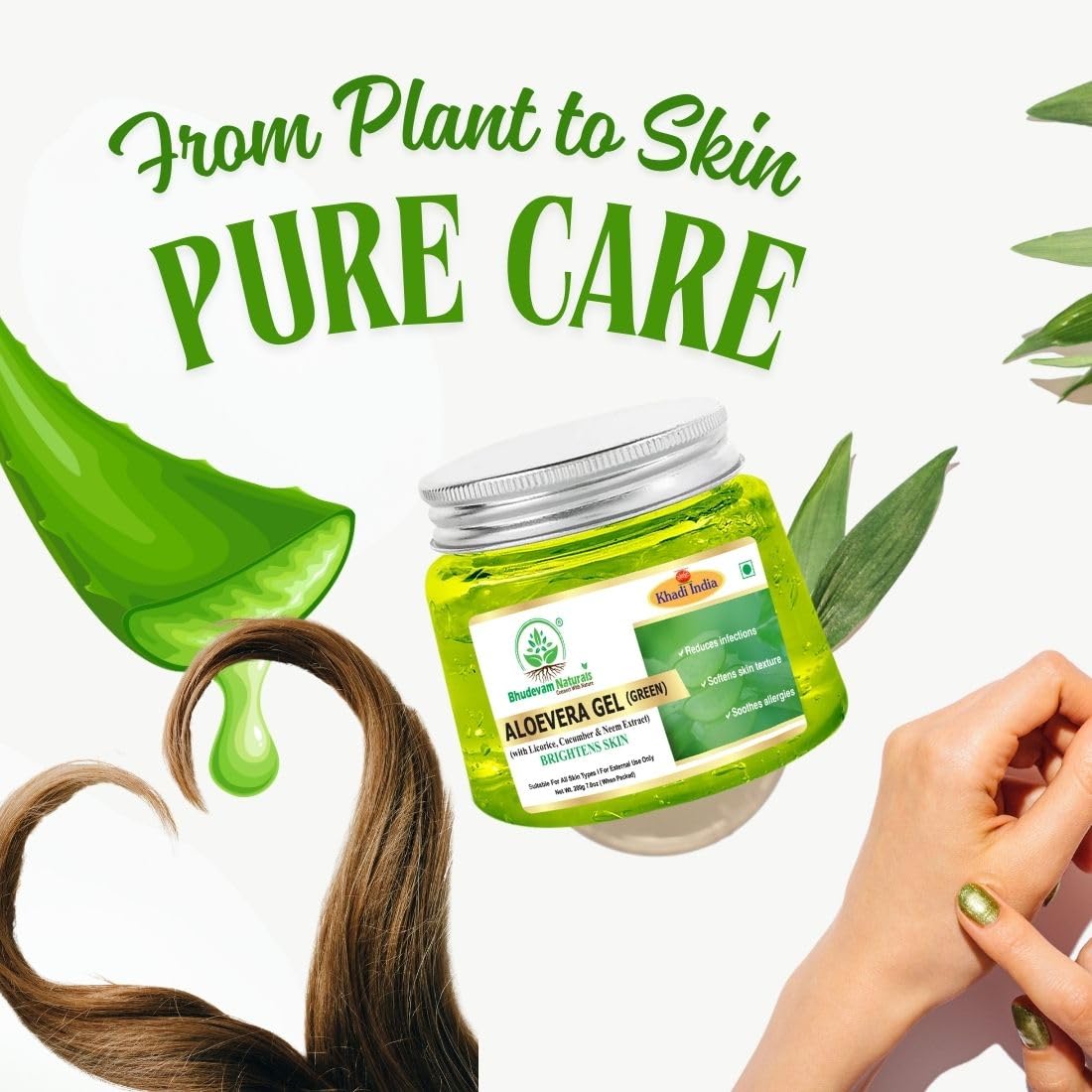 Bhudevam Naturals Khadi Aloe Vera Gel Green for Skin & Hair Care | Cooling Skin Gel for Moisturizing, Sunburn Relief, Acne Control & Healthy Hair Care- 200GM