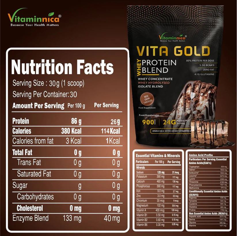 Vitaminnica Vita Gold Whey Protein Blend - Irish Chocolate Powder, 900g, 30 Servings