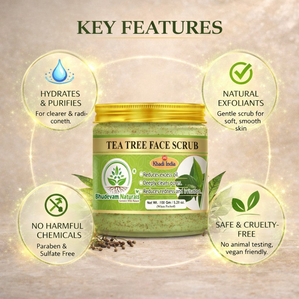 Bhudevam Naturals Khadi Tea Tree Face Scrub – Deep Cleansing Exfoliator for Acne, Pimples & Oil Control for Clear Skin- 150GM