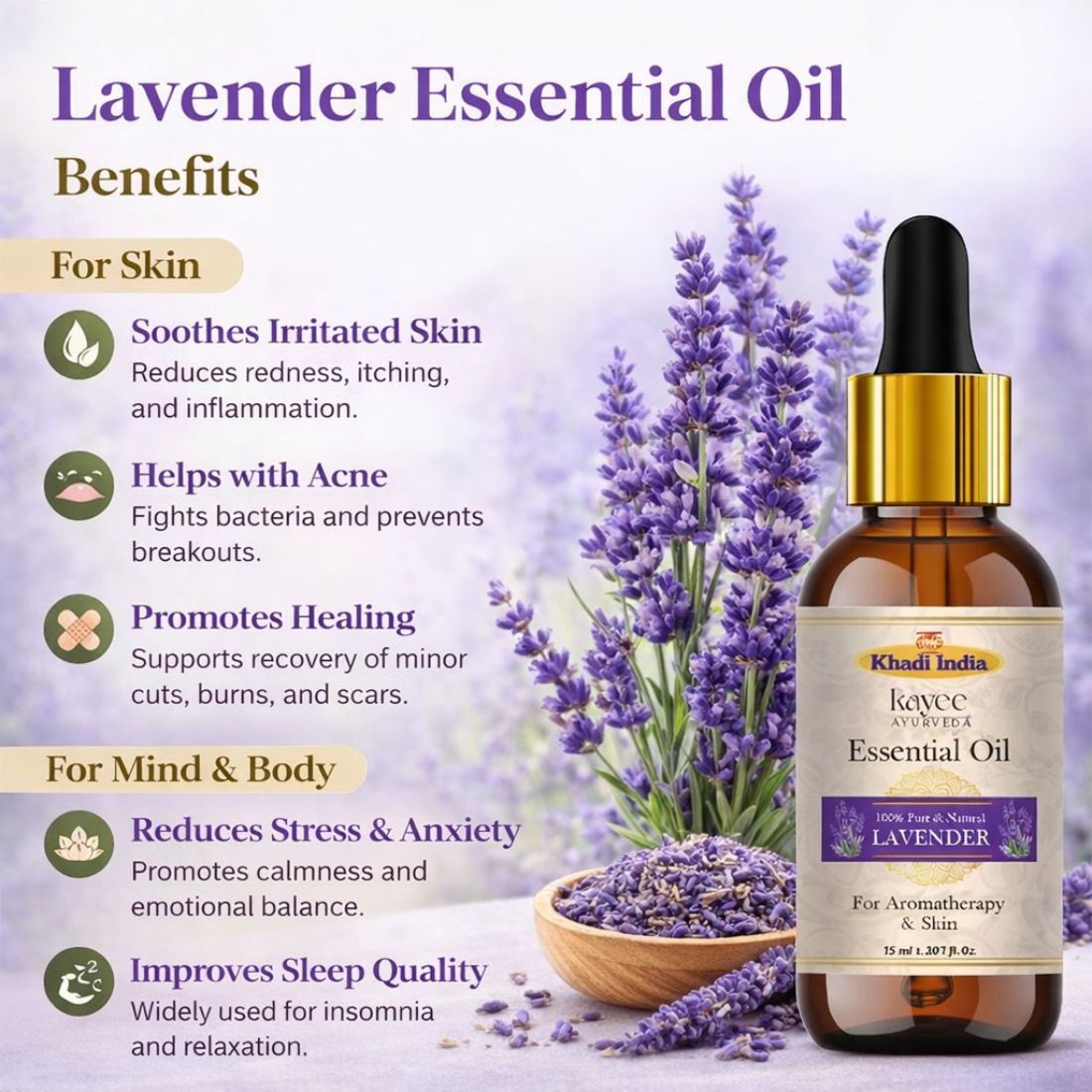 Kayee Ayurveda Lavender Essential Oil for Aromatherapy, Diffuser & Massage | Pure Lavender Aroma Oil for Relaxation, Meditation, Spa & Home Fragrance | Floral Essential Oil for Skincare, Hair Care & Personal Wellness | 15 ml