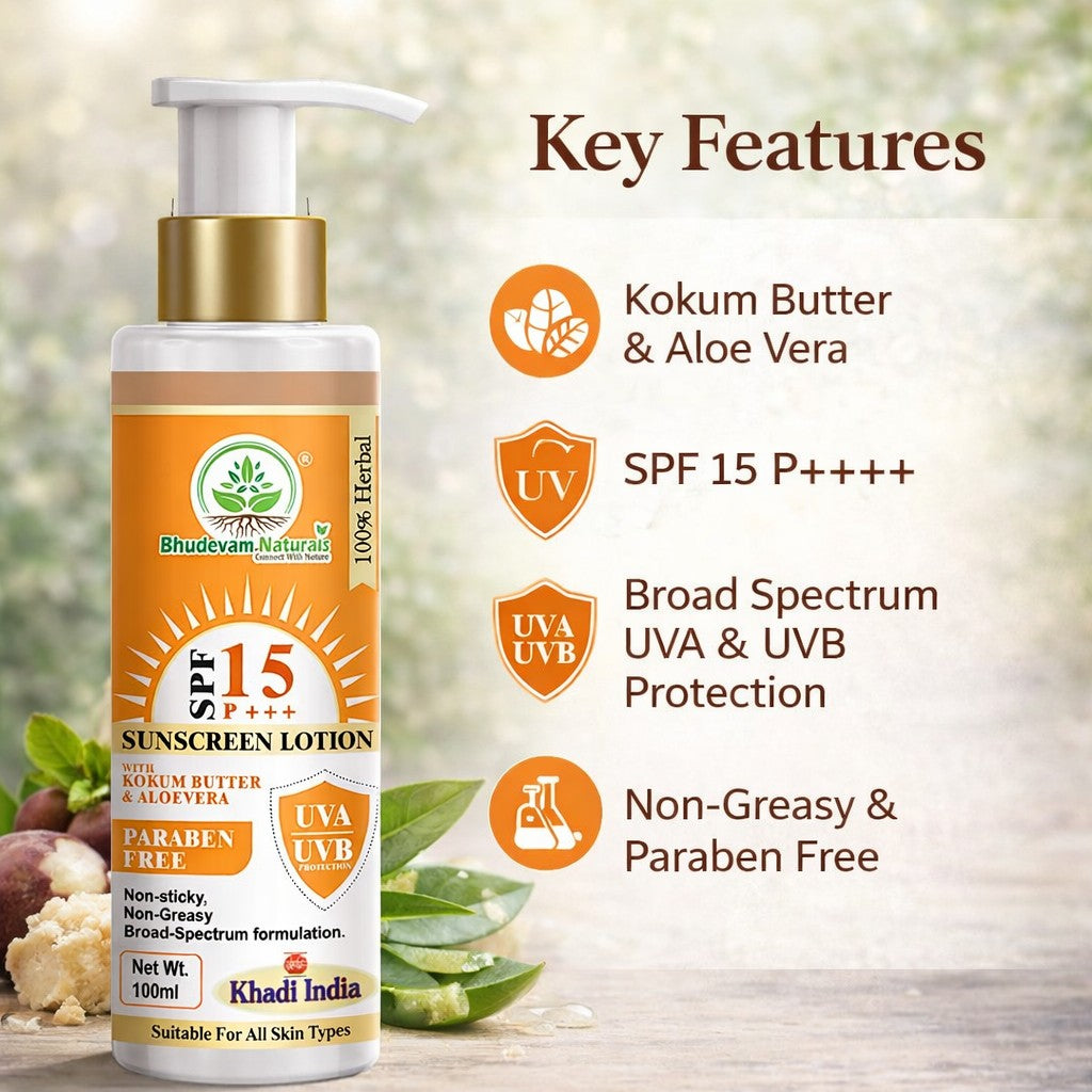 Bhudevam Naturals Khadi SPF 15 Sunblock Lotion for Face & Body | Daily UV Protection Moisturizing Sunscreen- 100ML