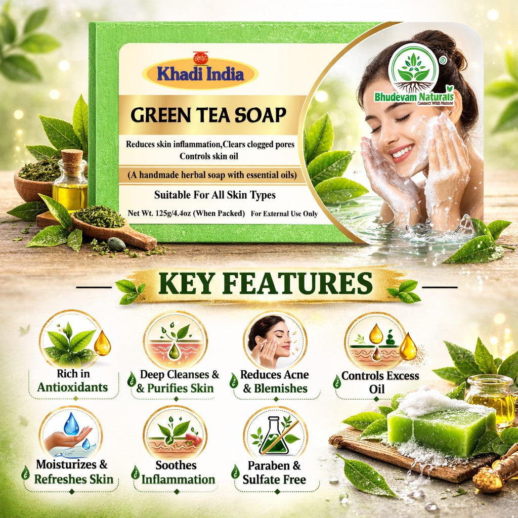Bhudevam Naturals Khadi Green Tea Bath Soap for Clear & Healthy Skin | Natural Handmade Soap for Acne & Oil Control- 500GM (Pack of 4)