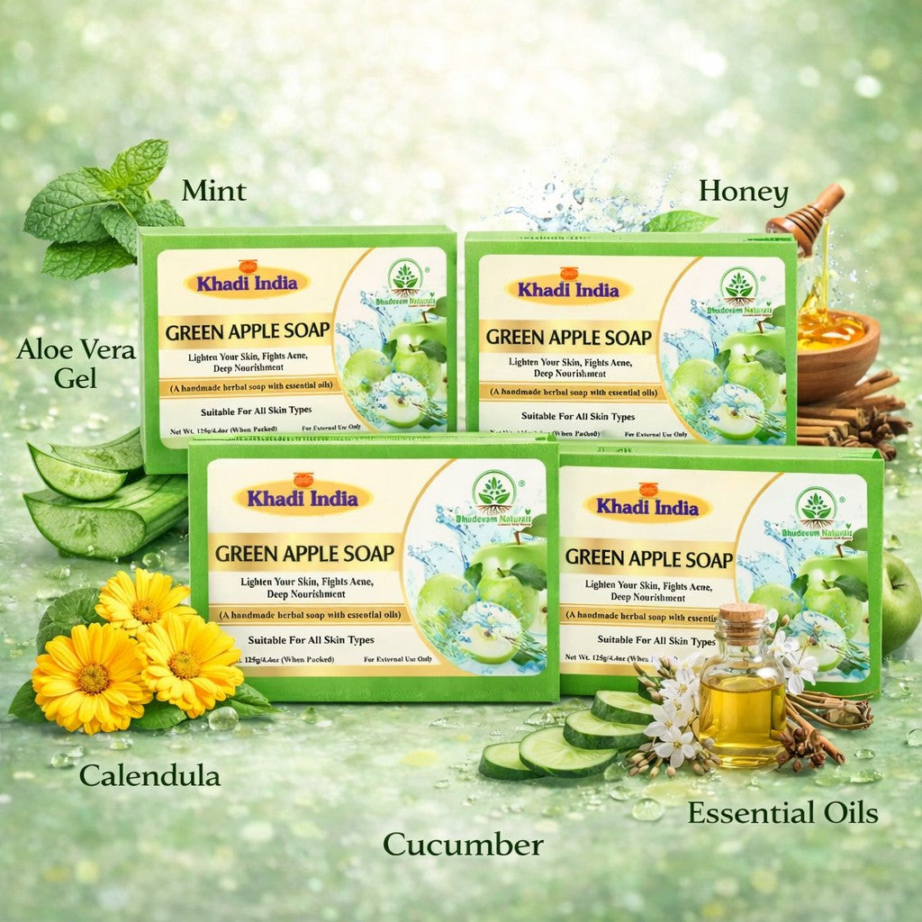 Bhudevam Naturals Khadi Green Apple Handmade Bath Soap with Refreshing Fruity Fragrance for Soft & Glowing Skin- 500GM (Pack of 4)