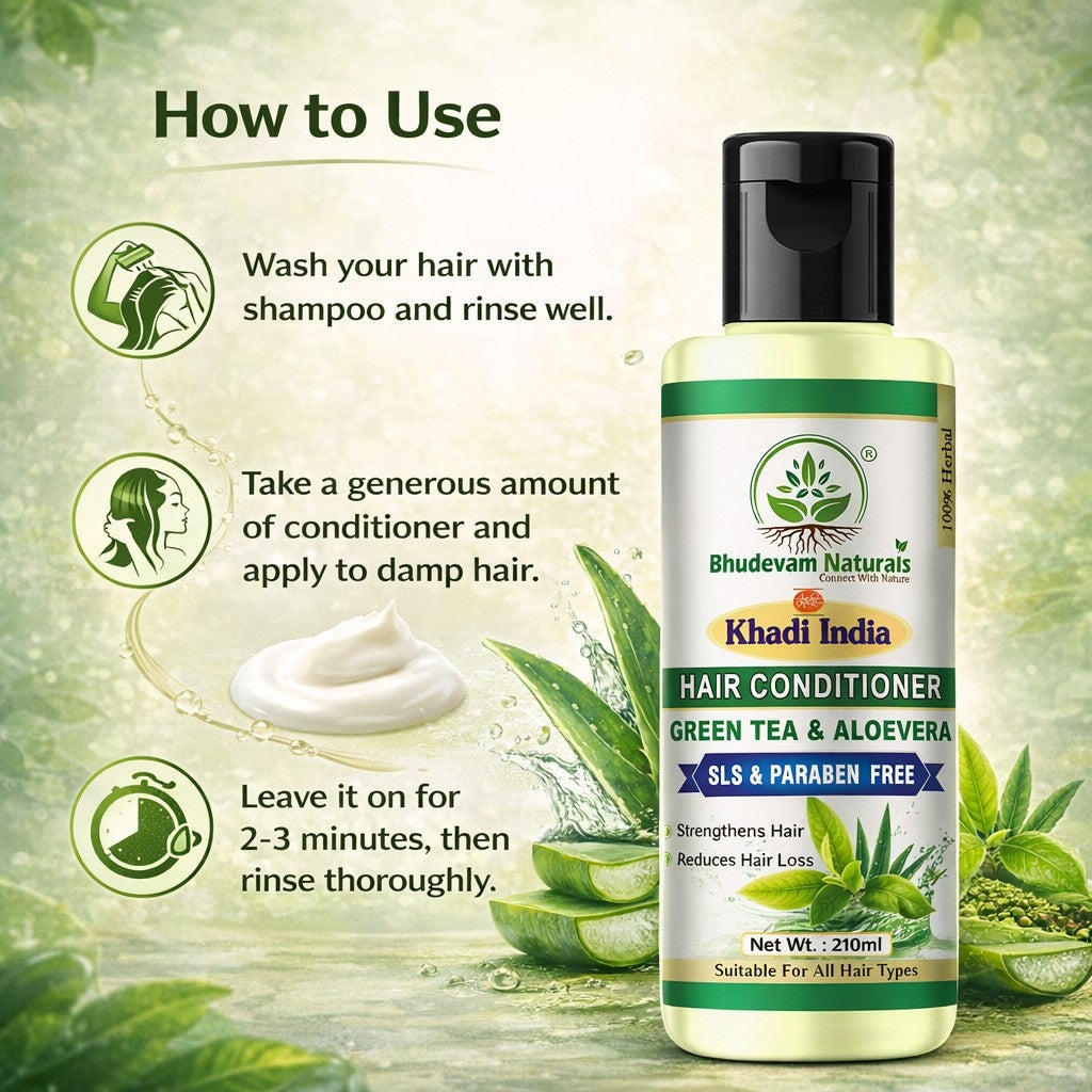Bhudevam Naturals Khadi Green Tea Aloe Vera Hair Conditioner – Sulphate & Paraben Free Frizz Control Formula-210ML