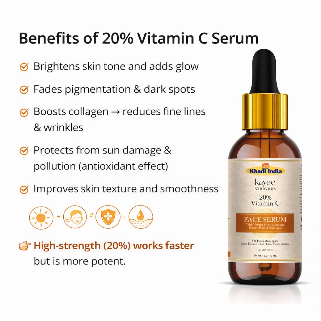 Kayee Ayurveda 20% Vitamin C Face Serum for Face | Brightening & Antioxidant Facial Serum for Dull & Uneven-Looking Skin | Helps Improve the Appearance of Dark Spots, Uneven Skin Tone & Skin Texture | Lightweight Daily Skincare for Women & Men | 30 ml