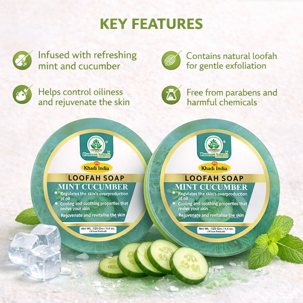 Bhudevam Naturals Khadi Mint Cucumber Loofah Soap – Natural Exfoliating Bath Soap for Cool & Refreshing Skin - 250GM (Pack of 2)