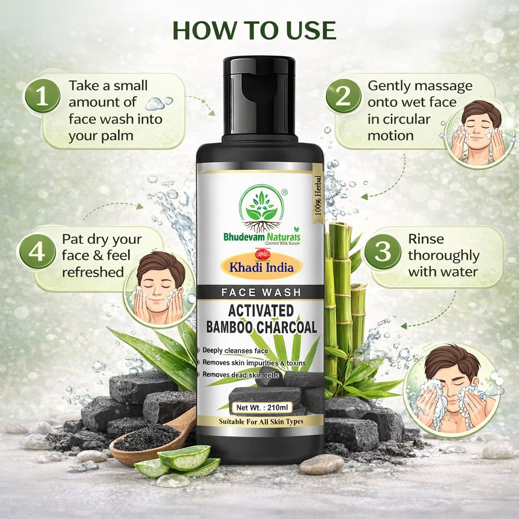 Bhudevam Naturals Khadi Bamboo Charcoal Herbal Face Wash – Reduces Acne, Pimples & Oiliness- 210ML