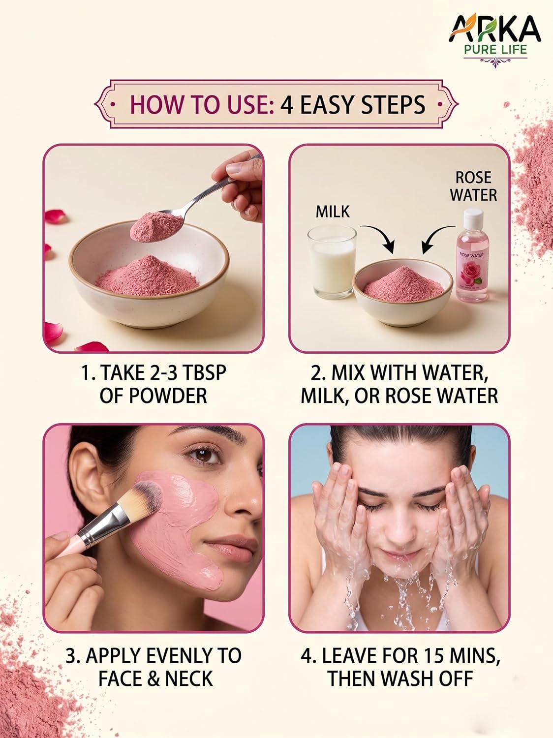 Arka Pure Life Natural Rose Petal Powder – Herbal Face & Skin Care Powder for Refreshing, Soothing & Healthy-Looking Skin – 200g