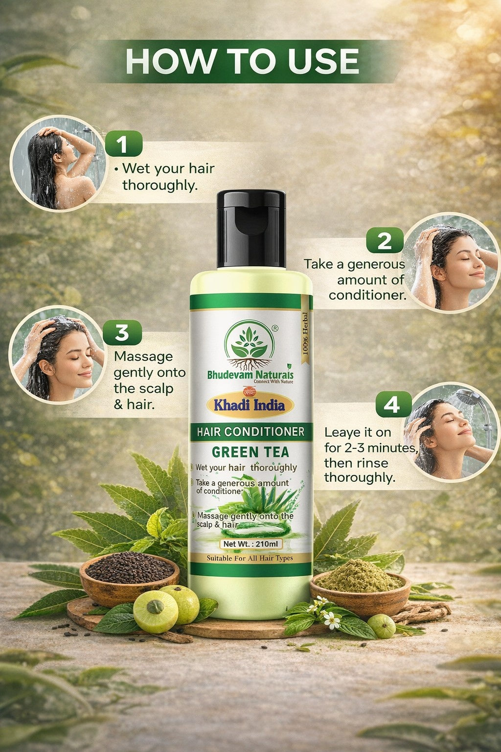 Bhudevam Naturals Khadi Green Tea Aloe Vera Conditioner – Strengthening & Moisturizing Hair Care Formula- 420ML (Pack of 2)