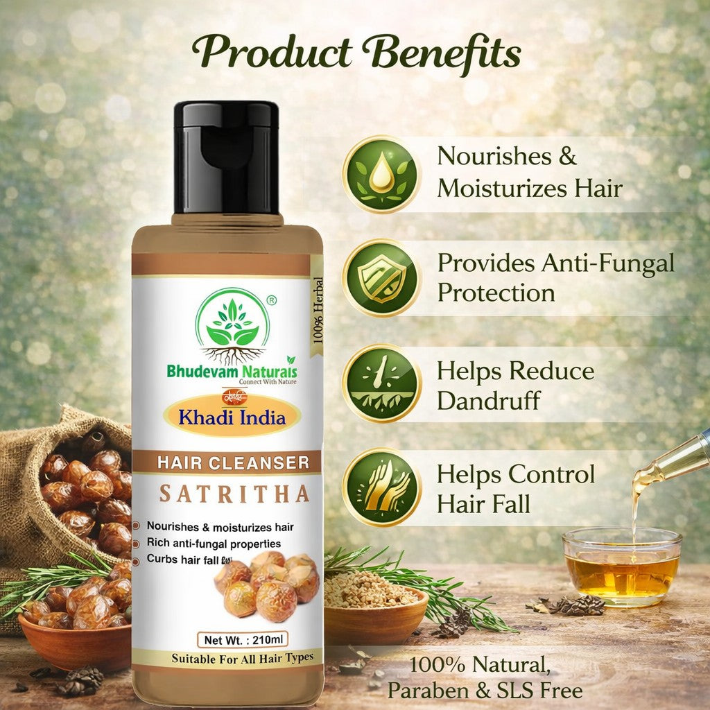 Bhudevam Naturals Khadi Satritha Hair Cleanser – Natural Care for Thick & Healthy Hair- 420ML (Pack of 2)
