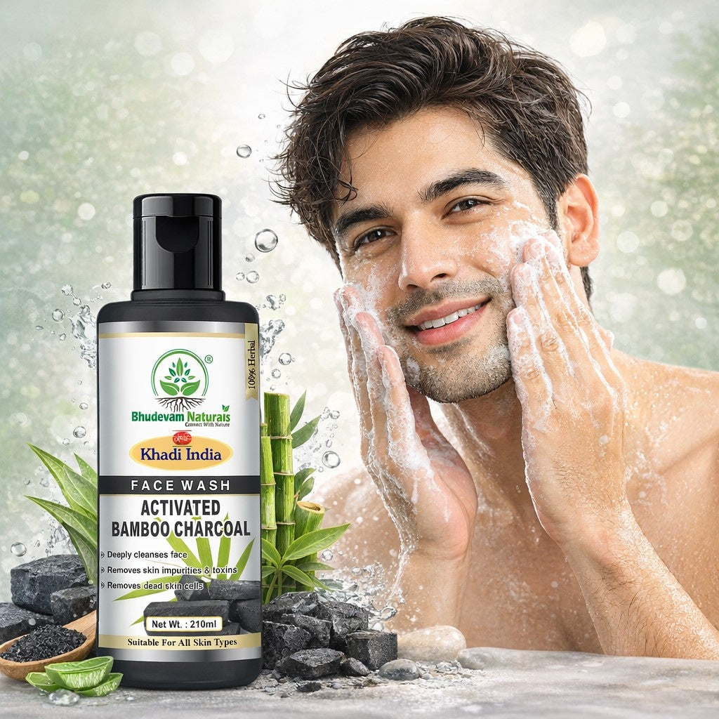 Bhudevam Naturals Khadi Bamboo Charcoal Herbal Face Wash – Reduces Acne, Pimples & Oiliness- 420ML (Pack of 2)