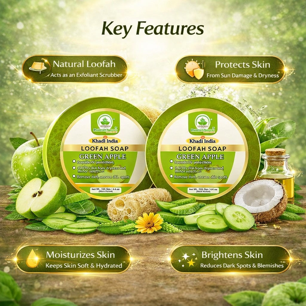 Bhudevam Naturals Khadi Green Apple Loofah Soap – Natural Exfoliating Bath Soap for Fresh & Glowing Skin- 250GM (Pack of 2)