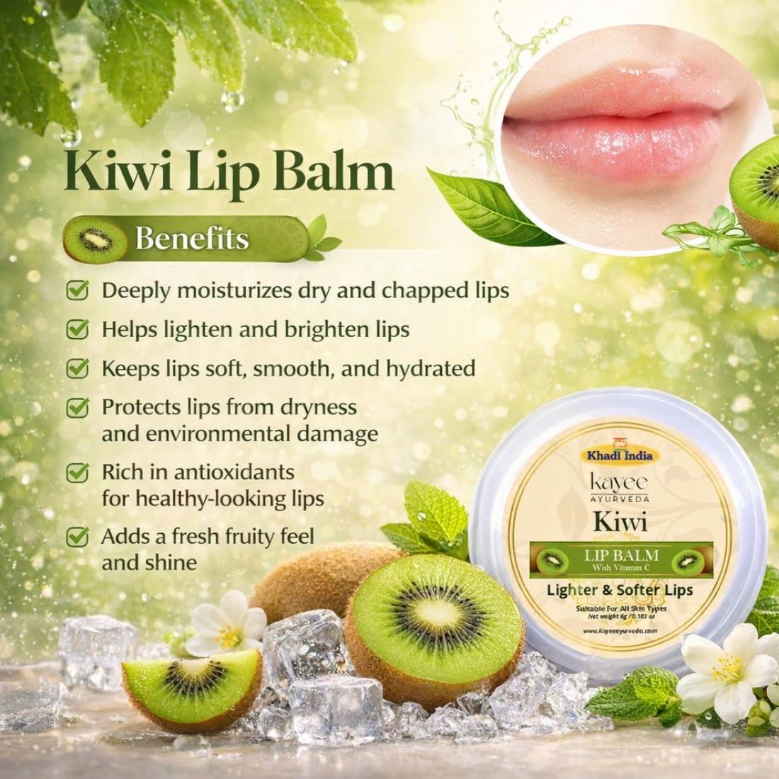Kayee Ayurveda Kiwi Lip Balm, Moisturizing Lip Care for Dry & Chapped Lips, Helps Keep Lips Soft, Smooth & Hydrated, Nourishing Daily Lip Balm for Women & Men | 6 g