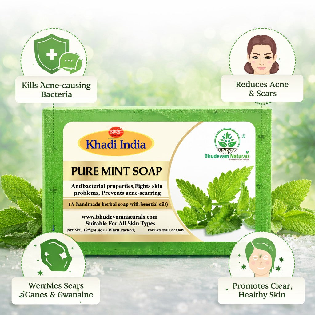 Bhudevam Naturals Khadi Mint Soap for Bath – Cooling Effect, Antibacterial Body Soap, Keeps Skin Fresh & Clean All Day - 500GM (Pack of 4)