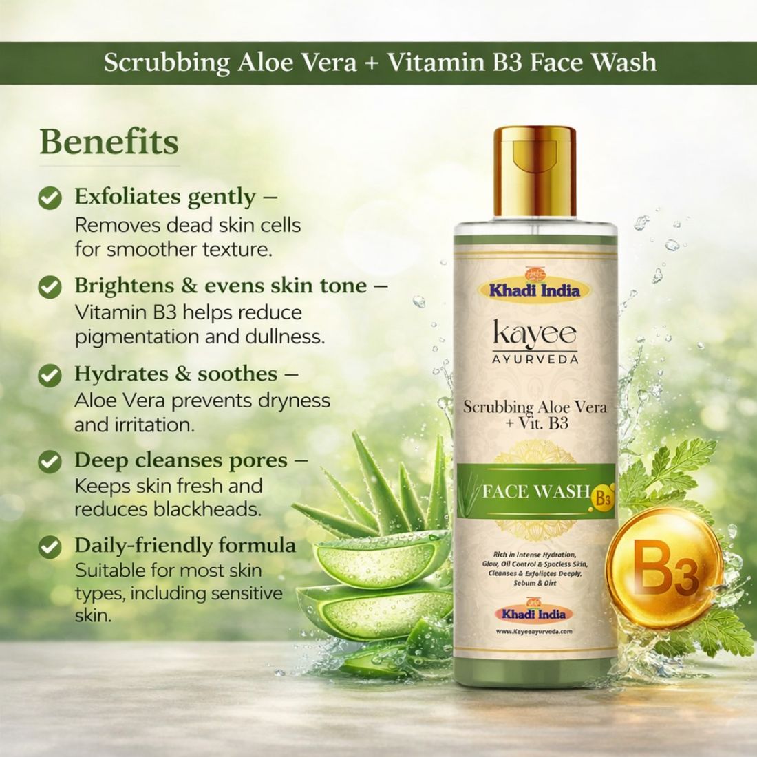 Kayee Ayurveda Scrubbing Aloe Vera + Vitamin B3 Face Wash for Men & Women | Gentle Exfoliating Facial Cleanser with Aloe Vera & Niacinamide | Helps Remove Dirt, Excess Oil & Dead Skin Cells for Fresh, Smooth & Healthy-Looking Skin | 210 ml