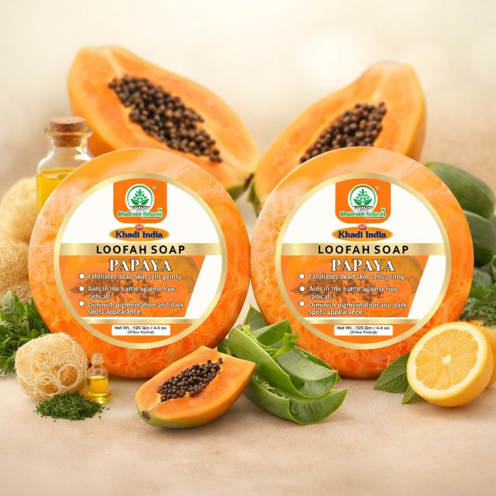 Bhudevam Naturals Khadi Papaya Loofah Soap – Natural Exfoliating Bath Soap for Glowing & Smooth Skin- 250GM (Pack of 2)