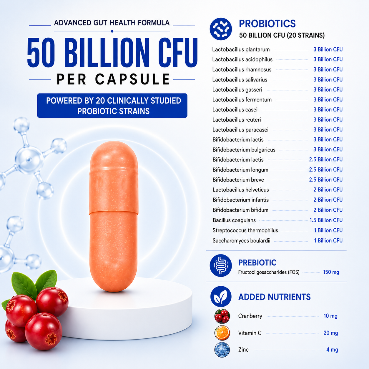 Fixuphealth Probiotics Supplement for Gut Health 50 Billion CFU | Probiotic Capsules with Prebiotics, Cranberry, Vitamin C & Zinc | Digestive Health & Immunity Support | Plant Based | 30 Capsules