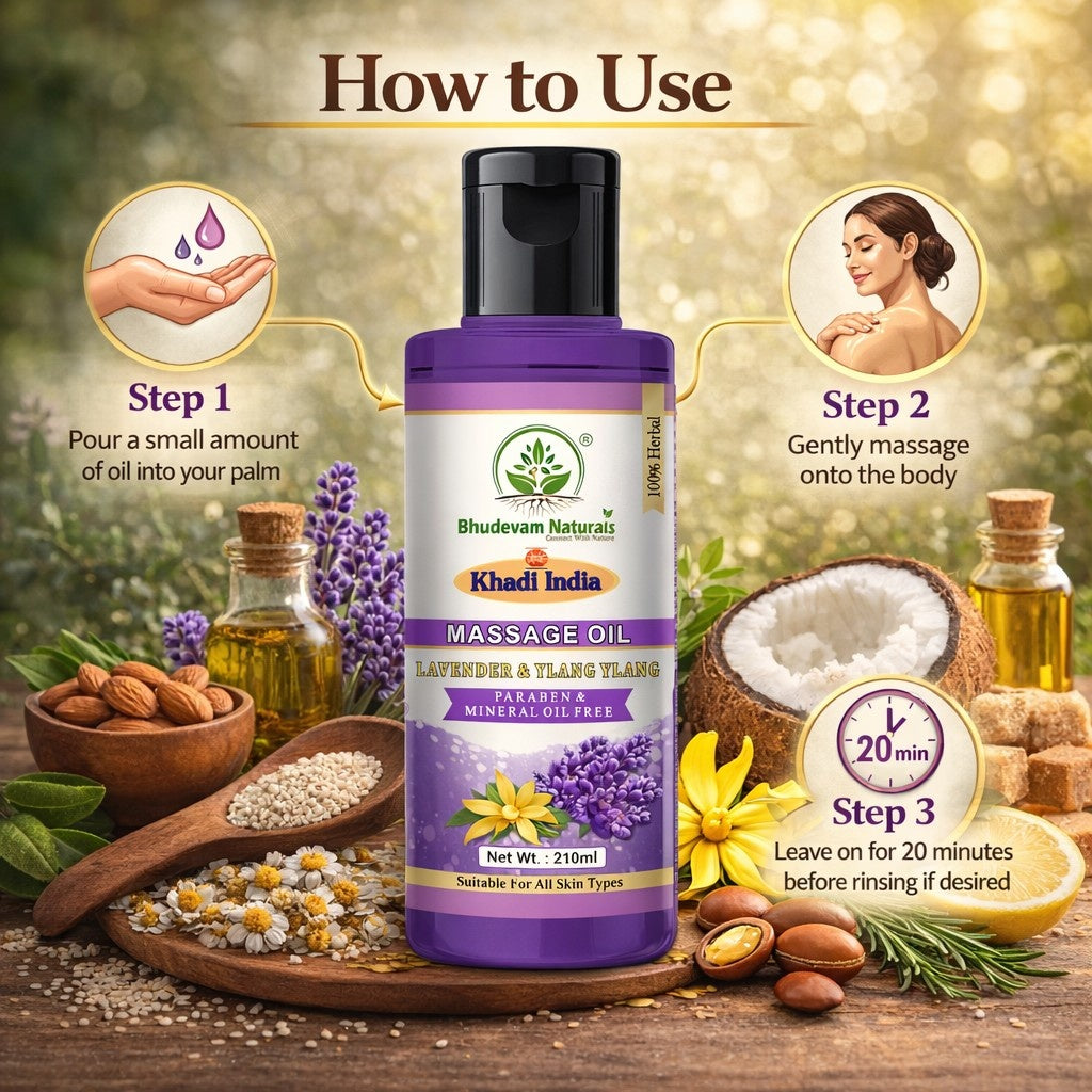 Bhudevam Naturals Khadi Lavender & Ylang Ylang Relaxing Body Massage Oil for Stress Relief & Skin Nourishment- 210ML