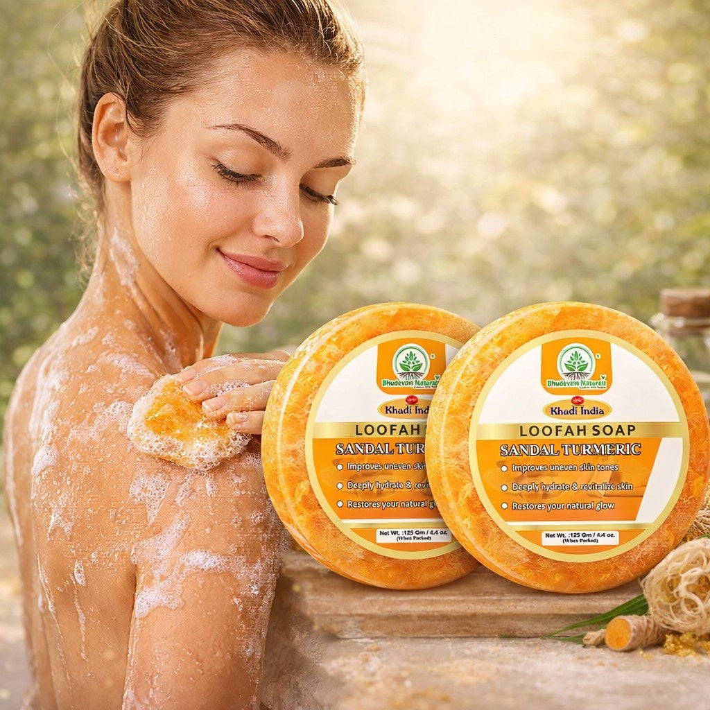Bhudevam Naturals Khadi Sandal Turmeric Loofah Soap – Natural Exfoliating Bath Soap for Glowing & Clear Skin- 250GM (Pack of 2)