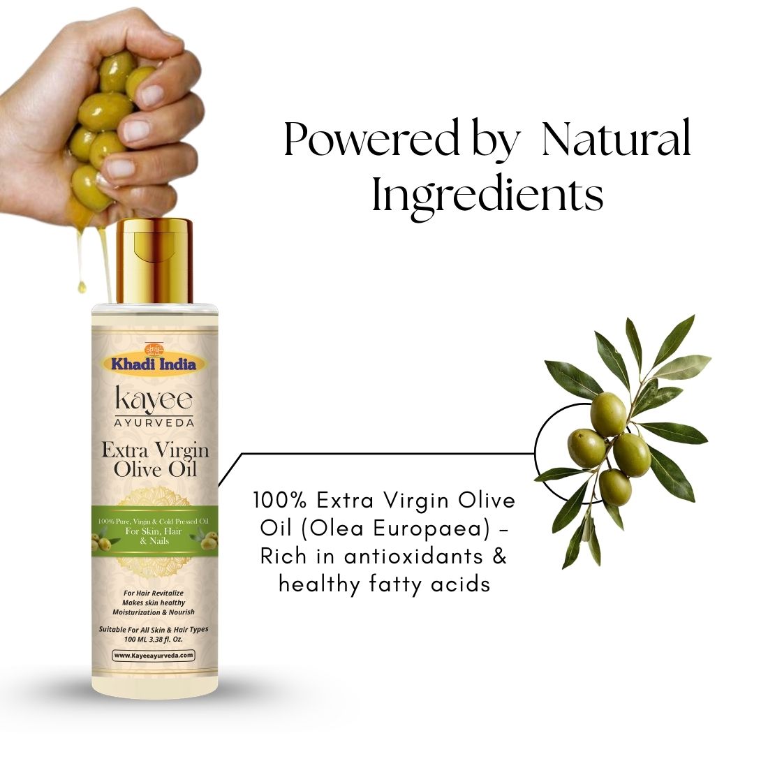 Kayee Ayurveda Extra Virgin Olive Oil for Skin and Hair Care | Natural Multi-Purpose Olive Oil for Dry Skin, Hair & Scalp Nourishment, Smoothness, Softness & Healthy-Looking Natural Shine | 100 ml